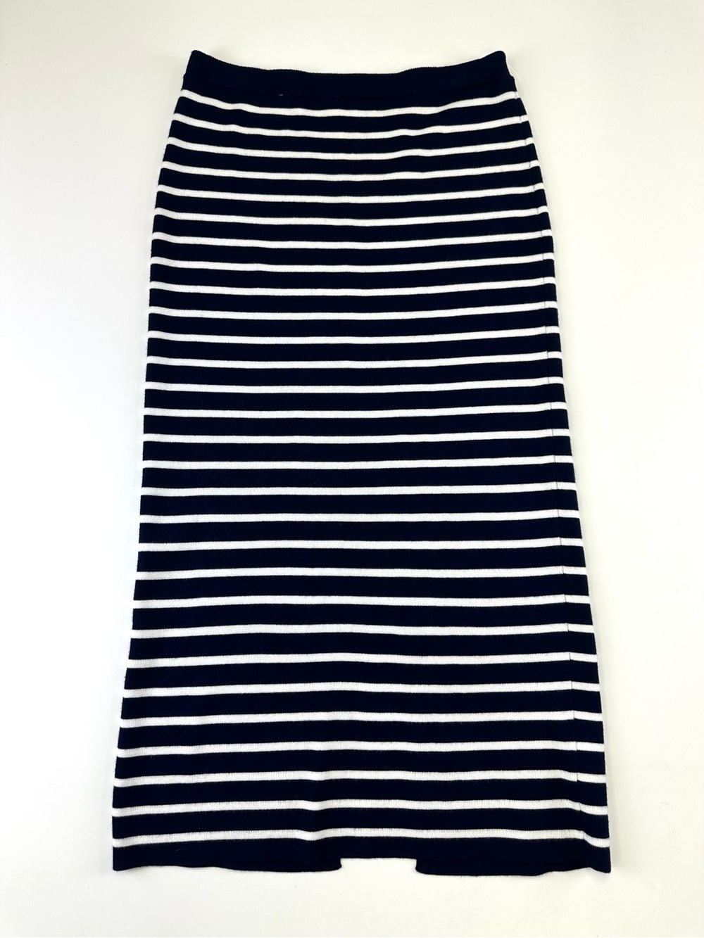 Freshman Navy White Striped Knit Maxi Skirt M Back Slit Nautical Pull-On
